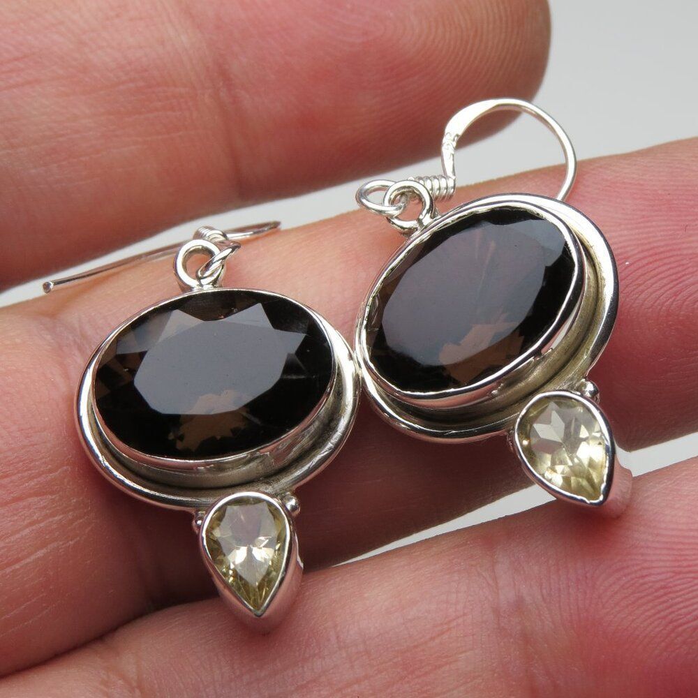 *925 Sterling Silver Smoked Topaz & Citrine Earring Studs